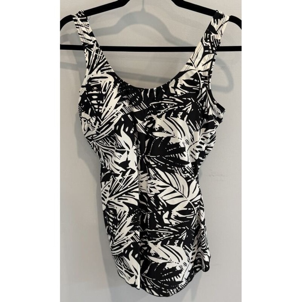 Shore Shapes Swimsuit One Piece Swimdress Black White Tropical Leaf Print 12